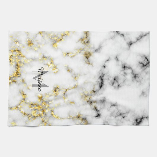 Schwarz-Weiß-Marmor-Gold-Funkelflake Monogram Geschirrtuch (Horizontal)