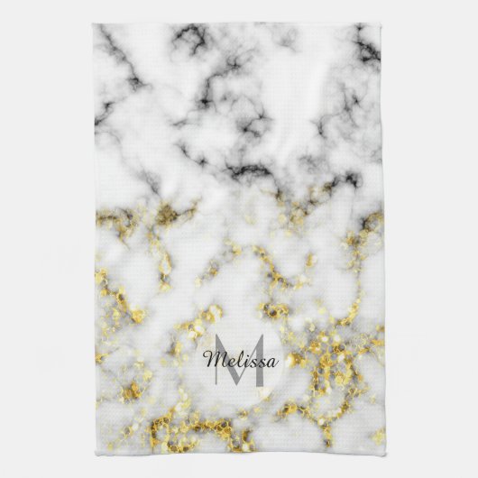 Schwarz-Weiß-Marmor-Gold-Funkelflake Monogram Geschirrtuch (Vertikal)