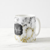 Schwarz-Weiß-Marmor-Gold-Funkelflake Monogram Kaffeetasse (VorderseiteRechts)