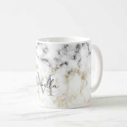 Schwarz-Weiß-Marmor-Gold-Funkelflake Monogram Kaffeetasse (VorderseiteRechts)