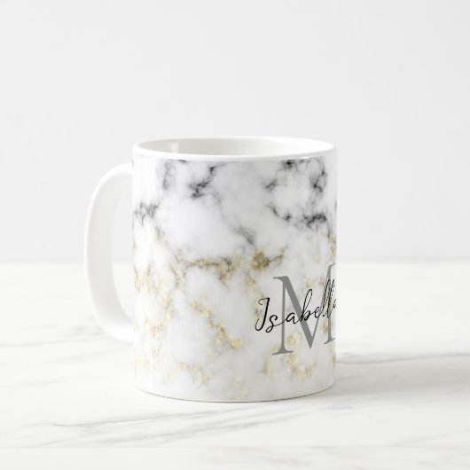 Schwarz-Weiß-Marmor-Gold-Funkelflake Monogram Kaffeetasse (Vorderseite Links)