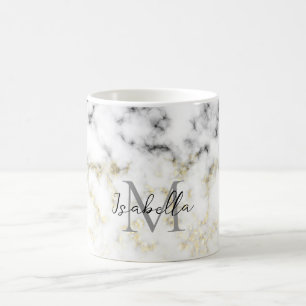 Schwarz-Weiß-Marmor-Gold-Funkelflake Monogram Kaffeetasse