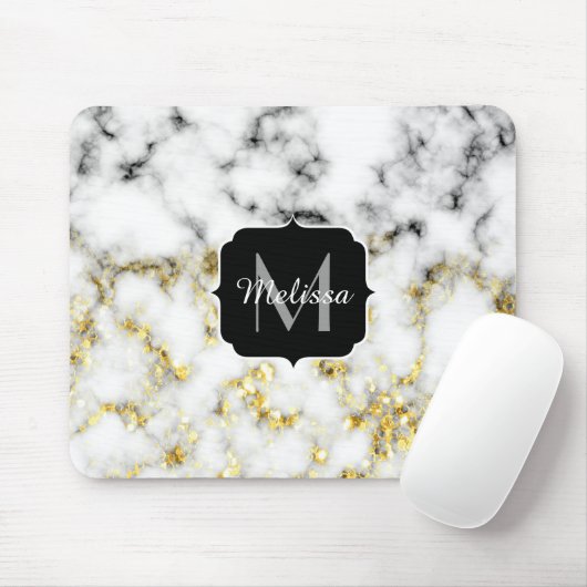 Schwarz-Weiß-Marmor-Gold-Funkelflake Monogram Mousepad (Mit Mouse)