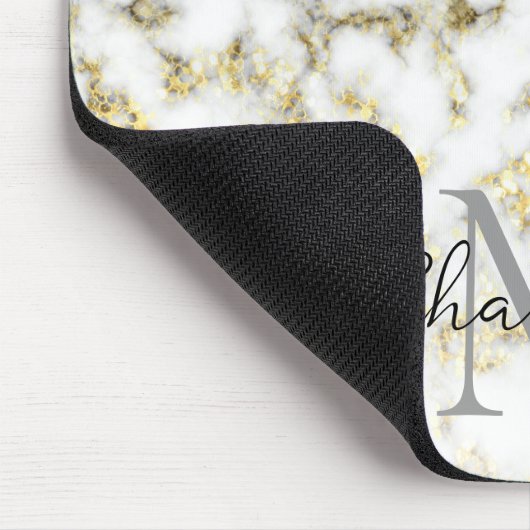 Schwarz-Weiß-Marmor-Gold-Funkelflake Monogram Mousepad (Ecke)
