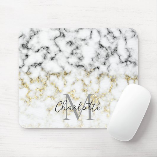 Schwarz-Weiß-Marmor-Gold-Funkelflake Monogram Mousepad (Mit Mouse)