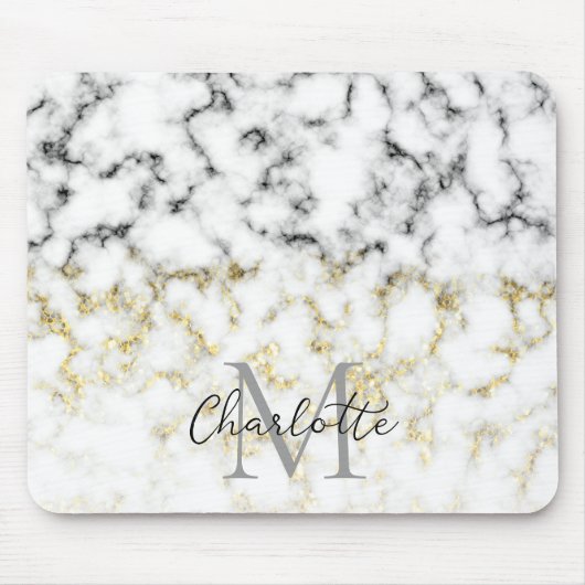 Schwarz-Weiß-Marmor-Gold-Funkelflake Monogram Mousepad (Vorne)