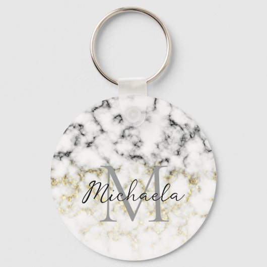 Schwarz-Weiß-Marmor-Gold-Funkelflake Monogram Schlüsselanhänger (Vorderseite)