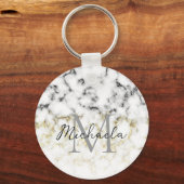 Schwarz-Weiß-Marmor-Gold-Funkelflake Monogram Schlüsselanhänger (Rückseite)