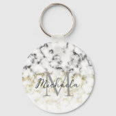 Schwarz-Weiß-Marmor-Gold-Funkelflake Monogram Schlüsselanhänger (Rückseite)