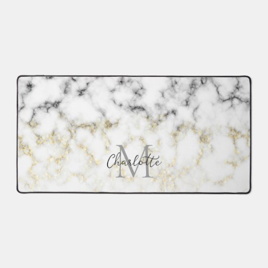 Schwarz-Weiß-Marmor-Gold-Funkelflake Monogram Schreibtischunterlage (Vorderseite)