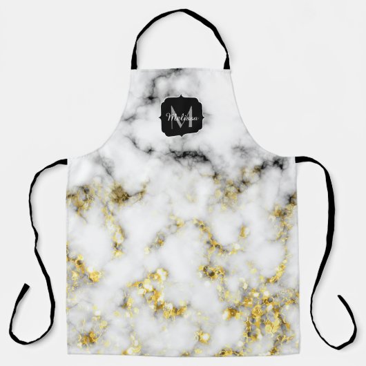 Schwarz-Weiß-Marmor-Gold-Funkelflake Monogram Schürze (Vorderseite)