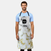 Schwarz-Weiß-Marmor-Gold-Funkelflake Monogram Schürze (Getragen)