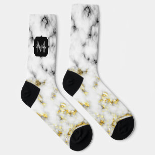 Schwarz-Weiß-Marmor-Gold-Funkelflake Monogram Socken