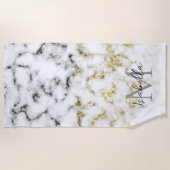 Schwarz-Weiß-Marmor-Gold-Funkelflake Monogram Strandtuch (Vorderseite)