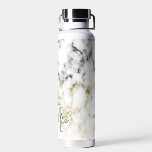 Schwarz-Weiß-Marmor-Gold-Funkelflake Monogram Trinkflasche (Rückseite)