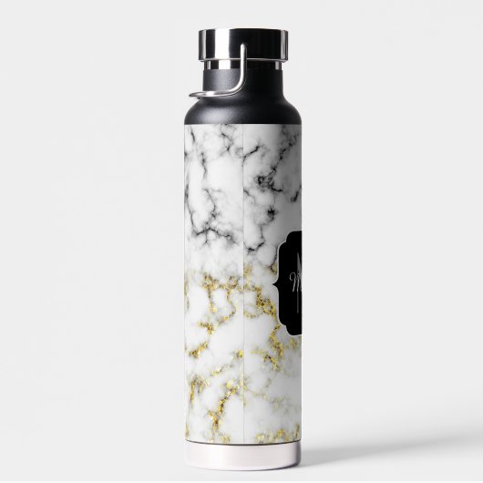 Schwarz-Weiß-Marmor-Gold-Funkelflake Monogram Trinkflasche (Rechts)