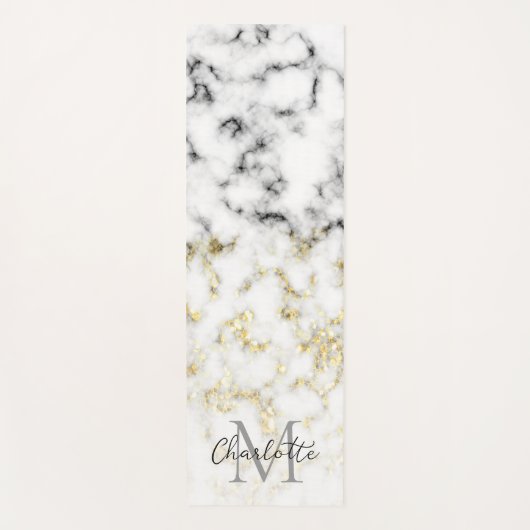 Schwarz-Weiß-Marmor-Gold-Funkelflake Monogram Yogamatte (Vorderseite)