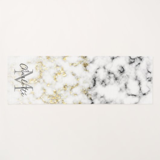 Schwarz-Weiß-Marmor-Gold-Funkelflake Monogram Yogamatte (Vorderseite (Horizontal))
