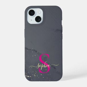 Schwarz-Weiß-Marmor Gold-Glitter-Monogramm iPhone 15 Hülle