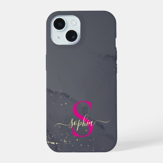 Schwarz-Weiß-Marmor Gold-Glitter-Monogramm iPhone 15 Hülle (Rückseite)