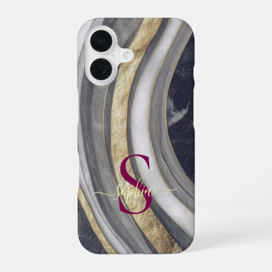 Schwarz-Weiß-Marmor-Gold-Glitter-Monogramm iPhone 16 Hülle (Rückseite)