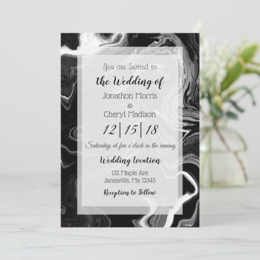 Schwarz-Weiß-Marmor-Hochzeit Einladung (Stehend Vorderseite)