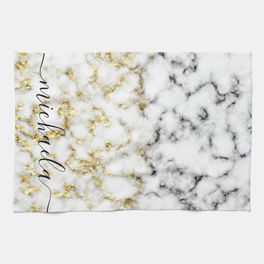 Schwarz-Weiß-Marmor-Individuelle Name Geschirrtuch (Horizontal)
