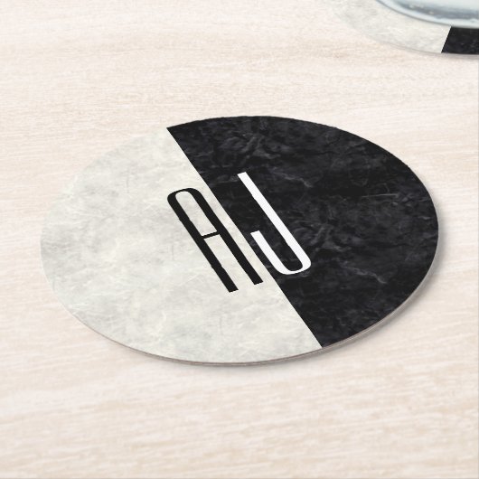 Schwarz-Weiß-Marmor Initial Mit Monogramm Runder Pappuntersetzer (Angewinkelt)
