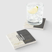 Schwarz-Weiß-Marmor-Initialen Mit Monogramm Steinuntersetzer (Seitenansicht)