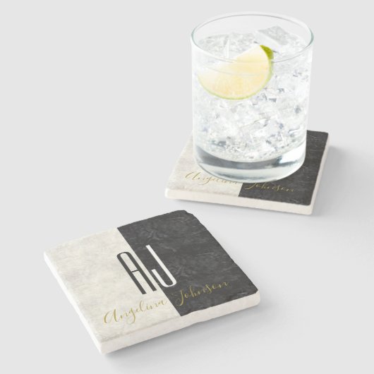 Schwarz-Weiß-Marmor-Initialen Mit Monogramm Steinuntersetzer (Seitenansicht)