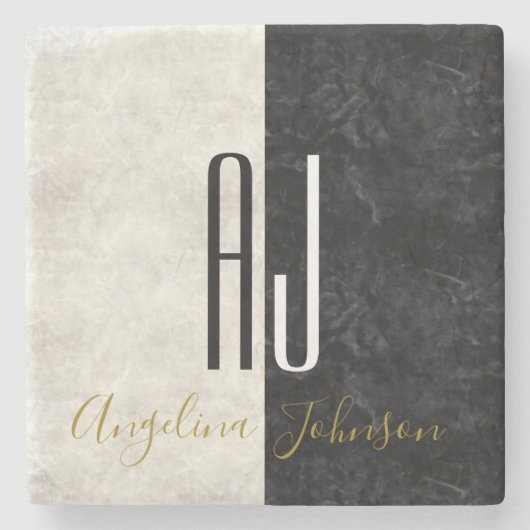 Schwarz-Weiß-Marmor-Initialen Mit Monogramm Steinuntersetzer (Vorderseite)