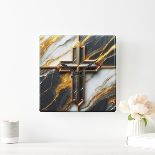 Schwarz-Weiß-Marmor-Kreuz mit Gold Quadratische Wanduhr (Zuhause)