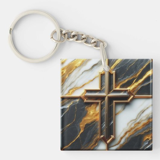Schwarz-Weiß-Marmor-Kreuz mit Gold Schlüsselanhänger (Vorderseite)