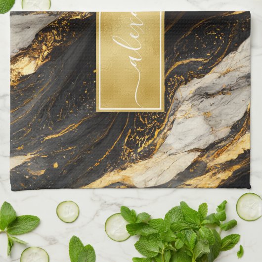 Schwarz-Weiß-Marmor Modernes Elegantes Geschirrtuch (Gefaltet)