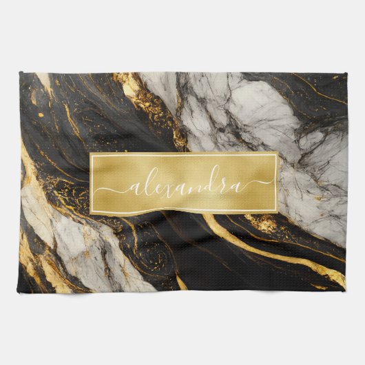 Schwarz-Weiß-Marmor Modernes Elegantes Geschirrtuch (Horizontal)