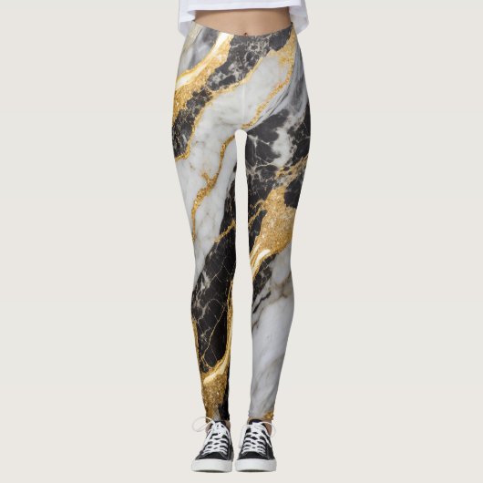 Schwarz-Weiß-Marmor-Muster mit Gold Leggings (Vorderseite)
