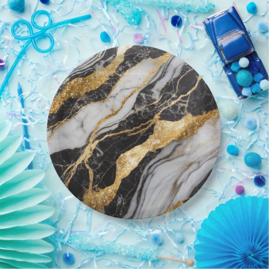 Schwarz-Weiß-Marmor-Muster mit Gold Pappteller (Party)