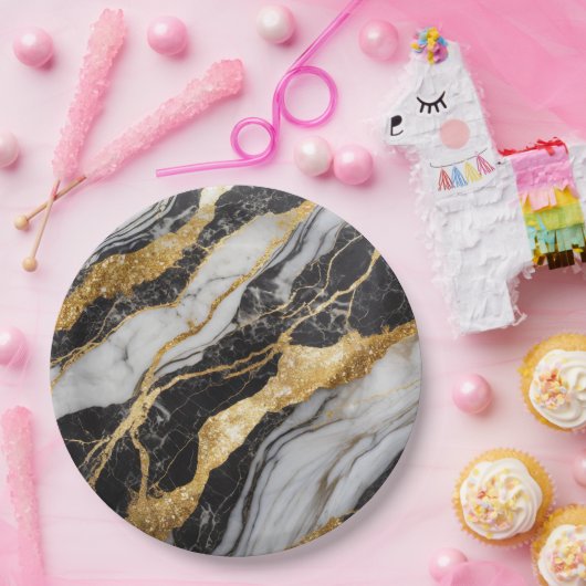 Schwarz-Weiß-Marmor-Muster mit Gold Pappteller (Party)