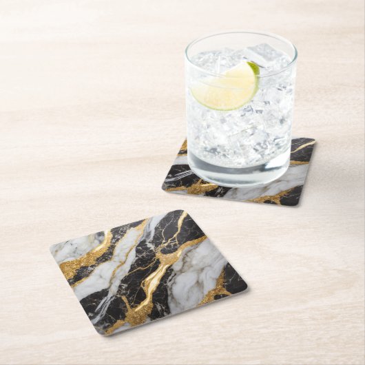 Schwarz-Weiß-Marmor-Muster mit Gold Rechteckiger Pappuntersetzer (Vor Ort)