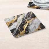 Schwarz-Weiß-Marmor-Muster mit Gold Rechteckiger Pappuntersetzer (angewinkelt)