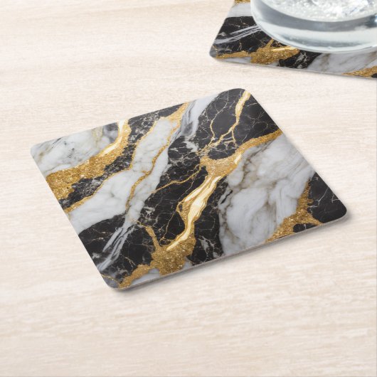 Schwarz-Weiß-Marmor-Muster mit Gold Rechteckiger Pappuntersetzer (angewinkelt)