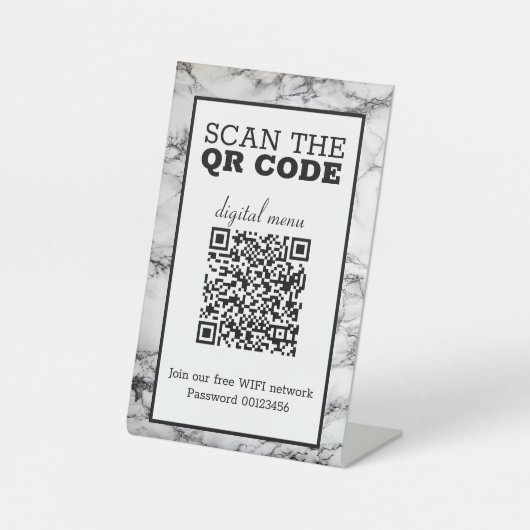 Schwarz-Weiß-Marmor-QR-Code-Digitalmenü Sockelschild (Vorderseite)