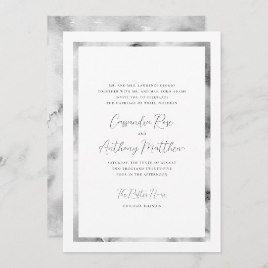 Schwarz-Weiß-Marmor-Rahmen formale SkriptWedding Einladung (Vorne/Hinten)