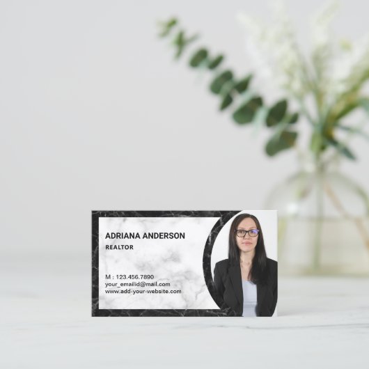 Schwarz-Weiß-Marmor Real Anwesen Foto Realtor Visitenkarte (Stehend Vorderseite)