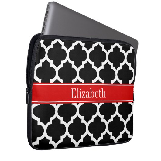 Schwarz-weiß marokkanisch #5 Roter Name Monogram Laptopschutzhülle (Vorne Rechts)