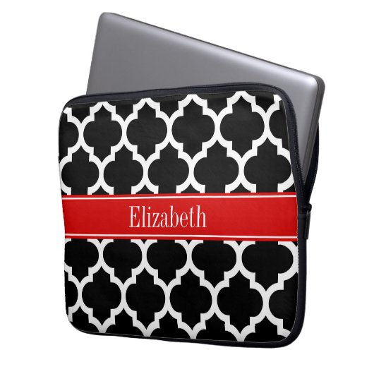 Schwarz-weiß marokkanisch #5 Roter Name Monogram Laptopschutzhülle (Vorderseite Links)