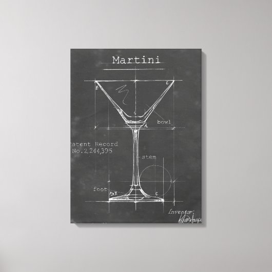 Schwarz-Weiß-Martini-Glas-Blueprint Leinwanddruck (Vorderseite)