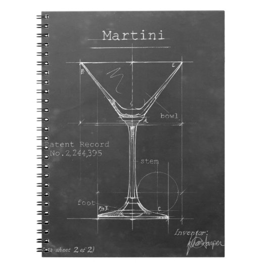 Schwarz-Weiß-Martini-Glas-Blueprint Notizblock (Vorderseite)