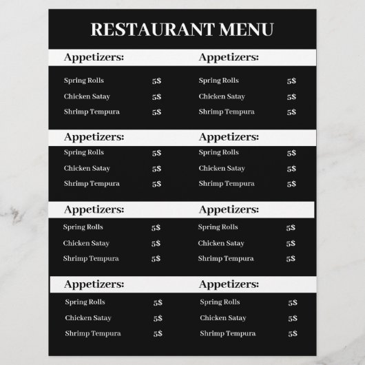 Schwarz-Weiß-Menü-Design, einfache Menügestaltung Flyer (Hinten)