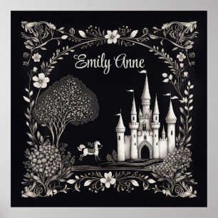 Schwarz-Weiß-Messe Schloss mit Pferd Poster